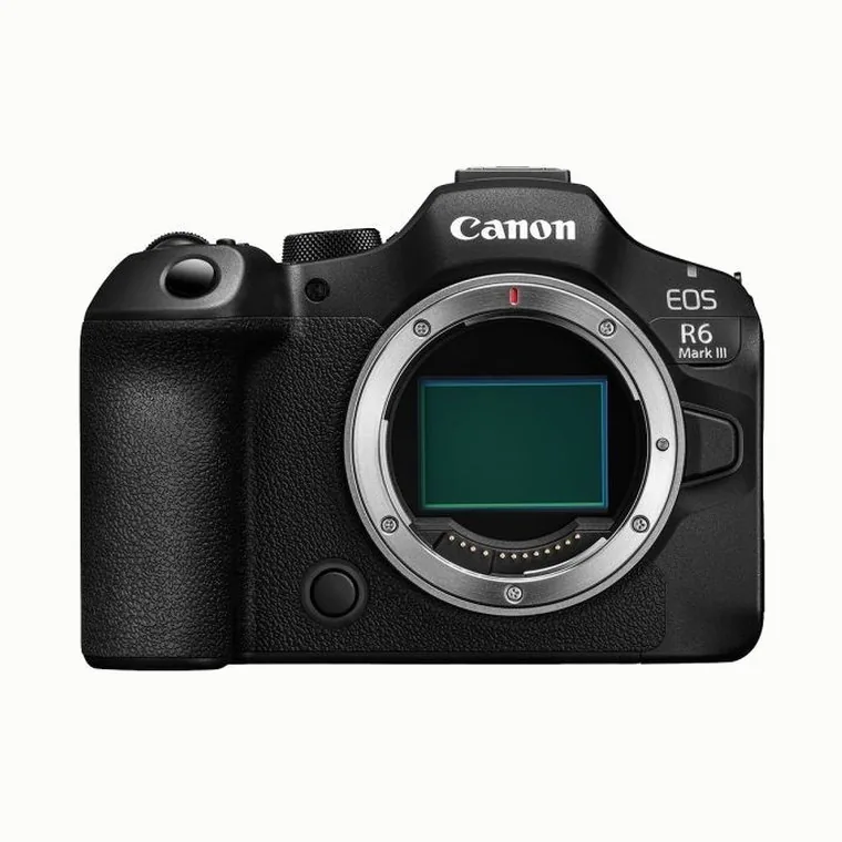 Mirrorless camera body, front view with the lens mount and sensor visible.