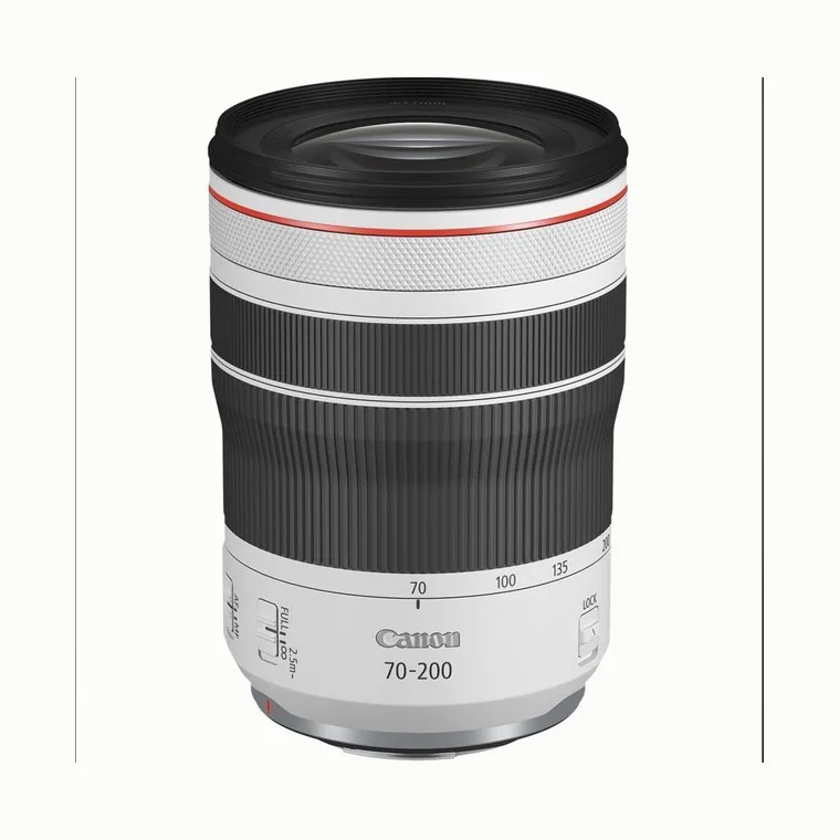 Telephoto zoom lens standing upright with the front element facing up.