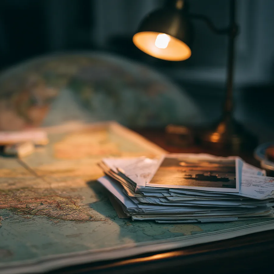 A stack of printed photographs resting on an old world map beside a desk lamp and globe.