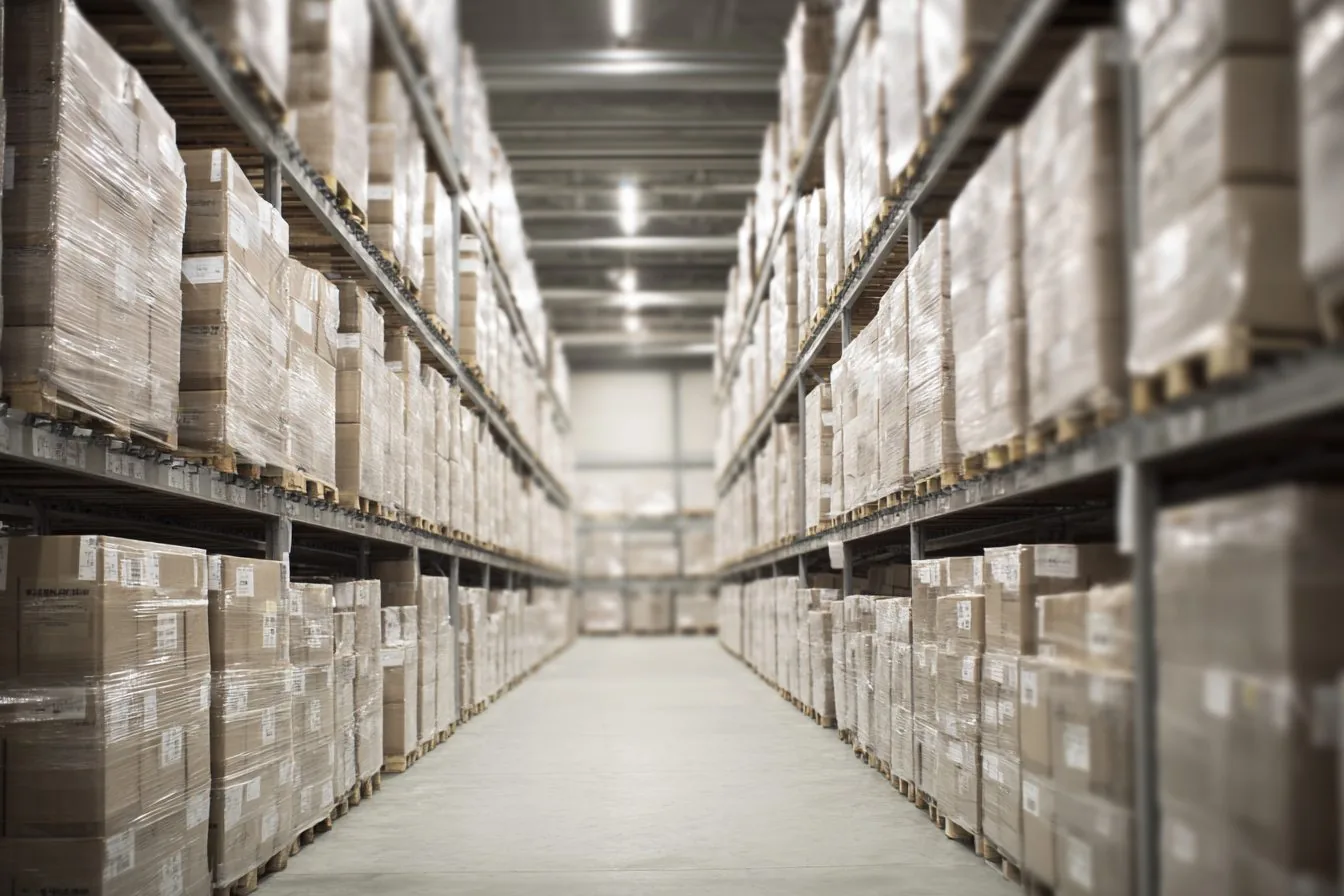 Warehouse racking stacked with shrink-wrapped pallets receding into soft focus.