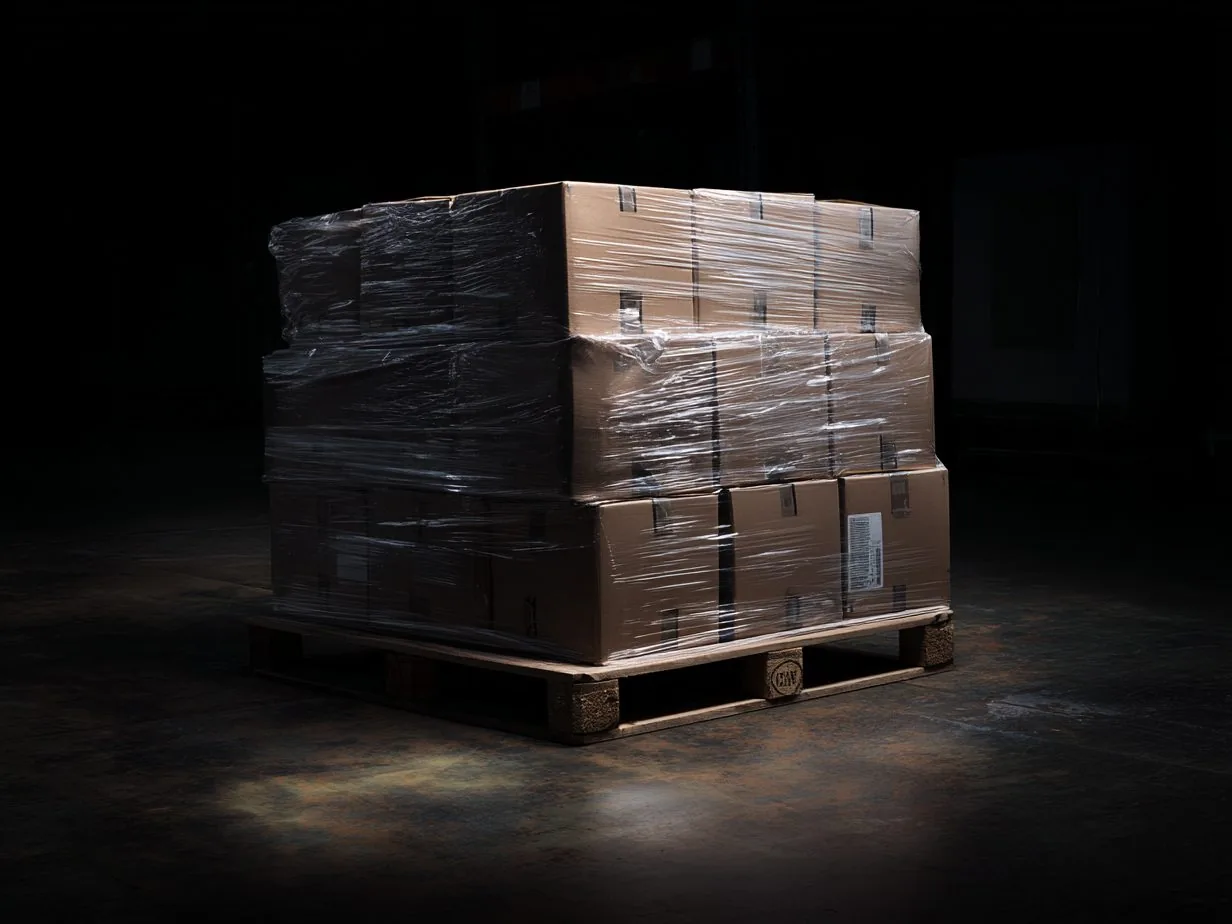 A pallet of cartons shrink-wrapped in clear film, lit from above on a dark warehouse floor.
